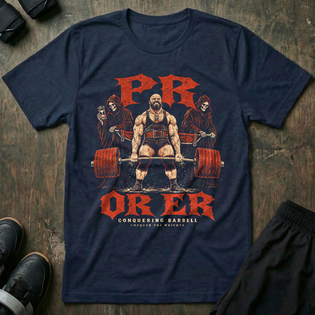 PR or ER - Tee front graphic in Navy with a bearded lifter grinding a deadlift while two reapers hold a stretcher behind him - Conquering Barbell