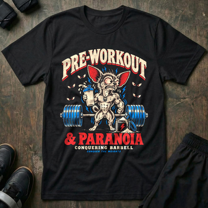 Pre-Workout and Paranoia - Tee front graphic in Black with a muscular, bug-eyed chihuahua holding a shaker bottle over a loaded barbell - Conquering Barbell