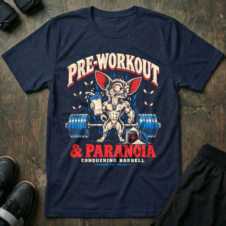 Pre-Workout and Paranoia - Tee front graphic in Navy with a muscular, bug-eyed chihuahua holding a shaker bottle over a loaded barbell - Conquering Barbell