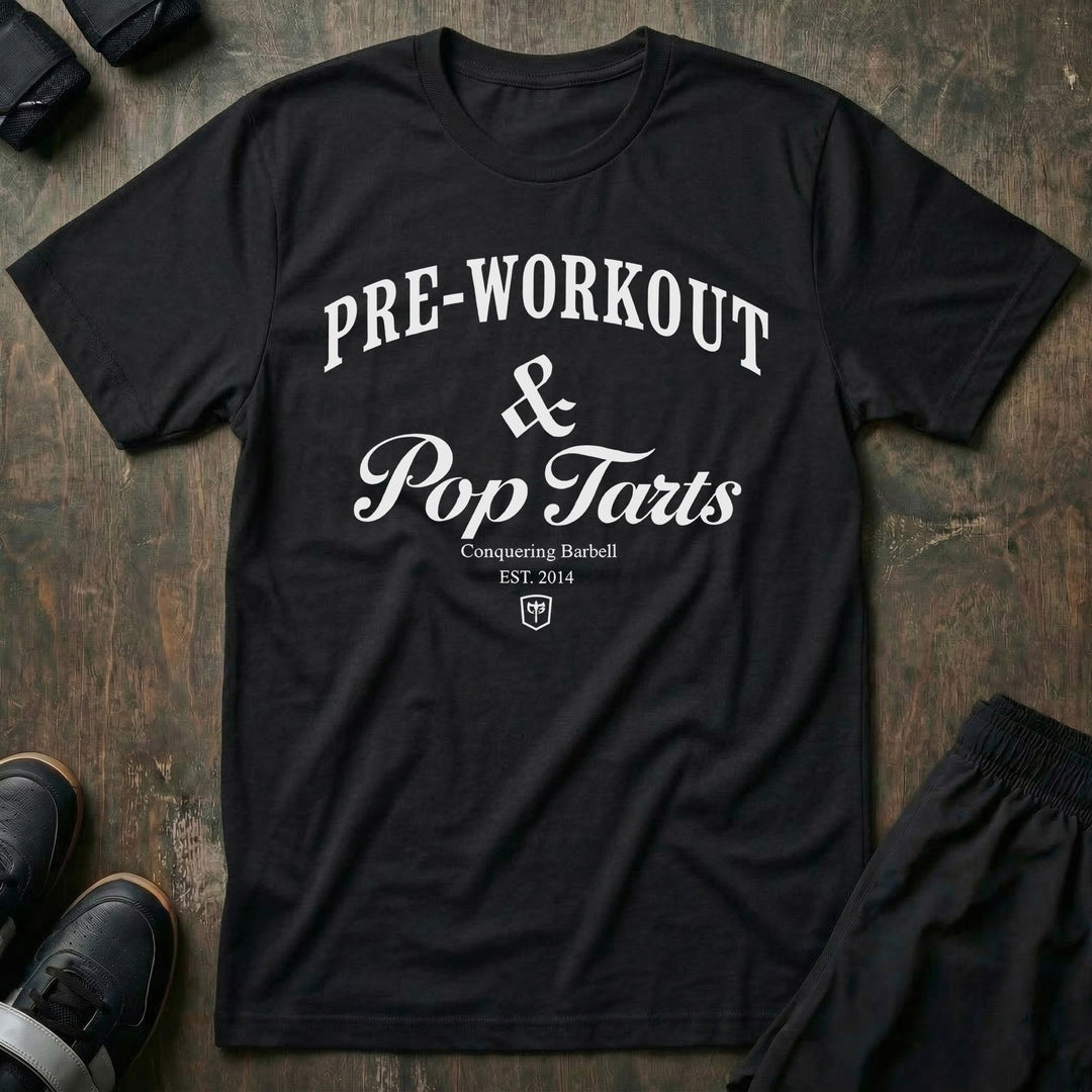 Pre-Workout & Pop Tarts tee in Black: PRE-WORKOUT in clean collegiate type over an ampersand and Pop Tarts script