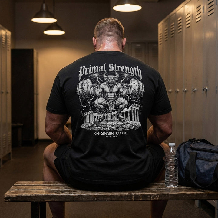 Primal Strength Minotaur relaxed fit tee in Black: a massive minotaur squatting a barbell loaded with boulder plates