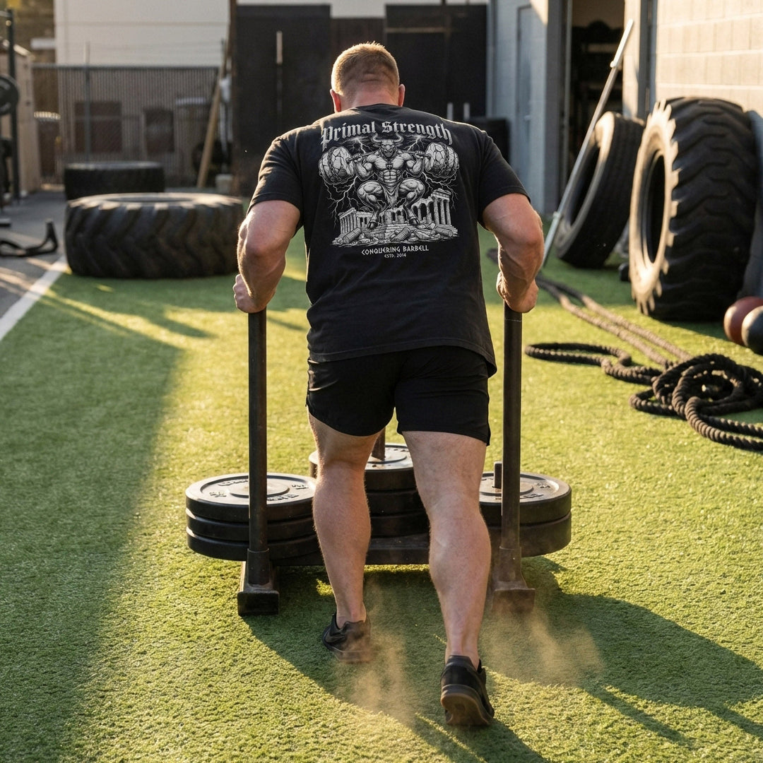 Primal Strength Minotaur relaxed fit tee in Black: a massive minotaur squatting a barbell loaded with boulder plates