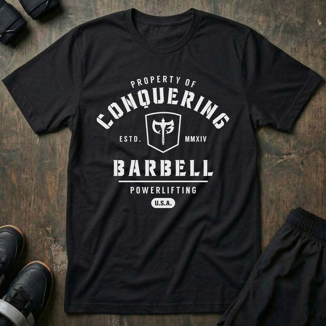 Property of Conquering Barbell - on Black tee - Conquering Barbell