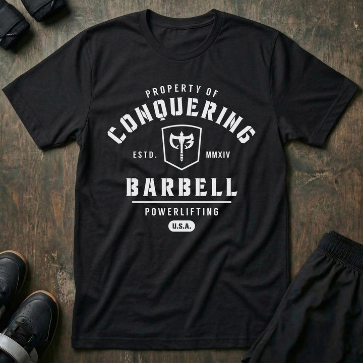 Property of Conquering Barbell - on Black tee - Conquering Barbell