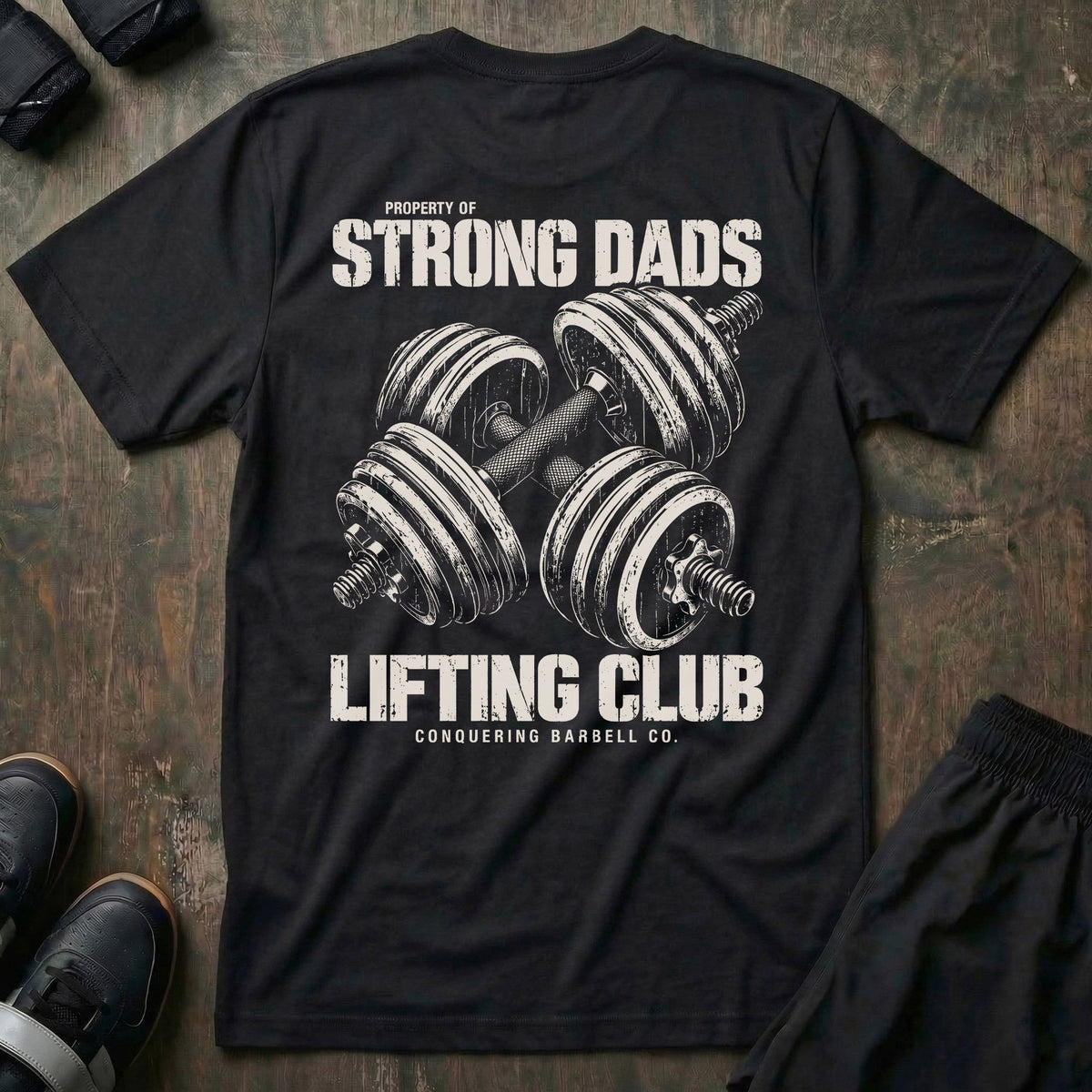 Property of Strong Dads Lifting Club tee in Black: a pair of crossed dumbbells between PROPERTY OF STRONG DADS