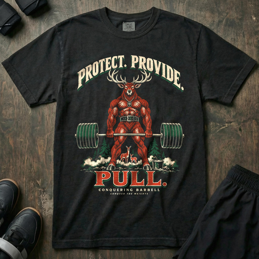 Protect. Provide. Pull - Relaxed Fit Tee front graphic in Black with a red stag with antlers deadlifting a loaded barbell with a doe and fawn standing between his legs - Conquering Barbell