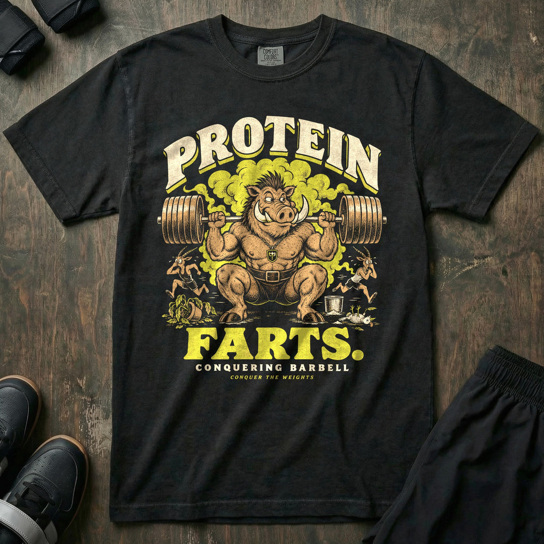 Protein Farts - Relaxed Fit Tee front graphic in Black with a warthog squatting a loaded barbell in a green gas cloud while antelope run away - Conquering Barbell