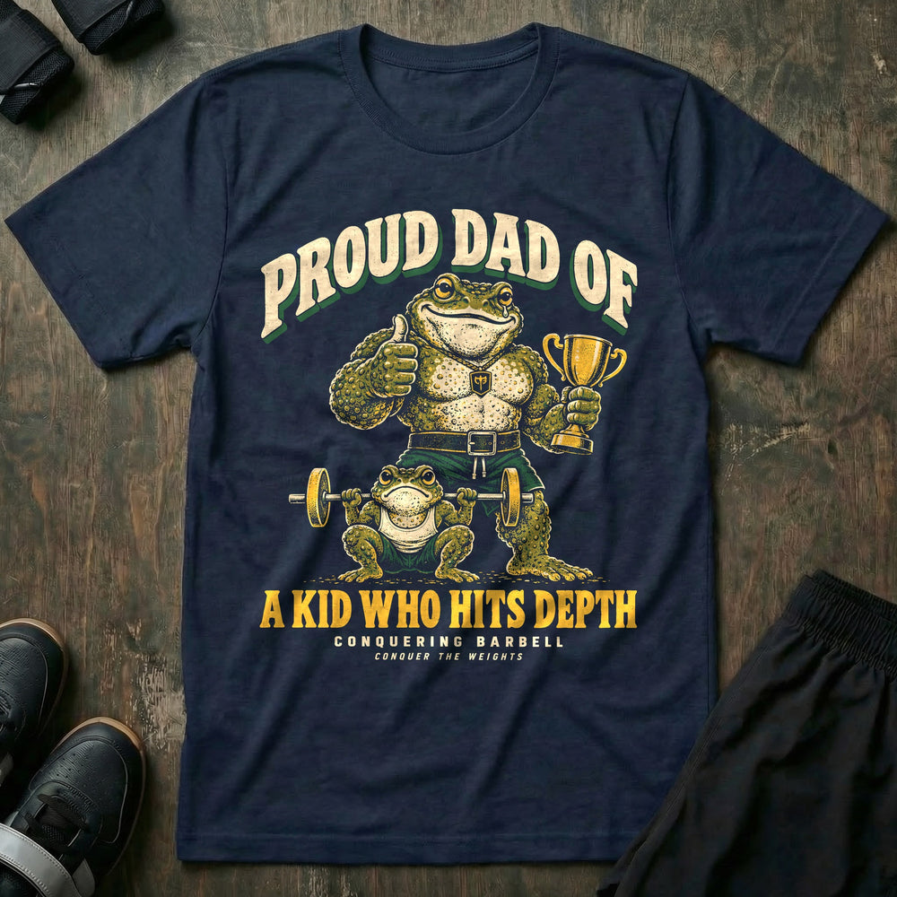 Proud Dad of a Kid Who Hits Depth - Tee front graphic in Navy with a toad dad with a trophy giving a thumbs up while a small toad squats deep with a barbell - Conquering Barbell