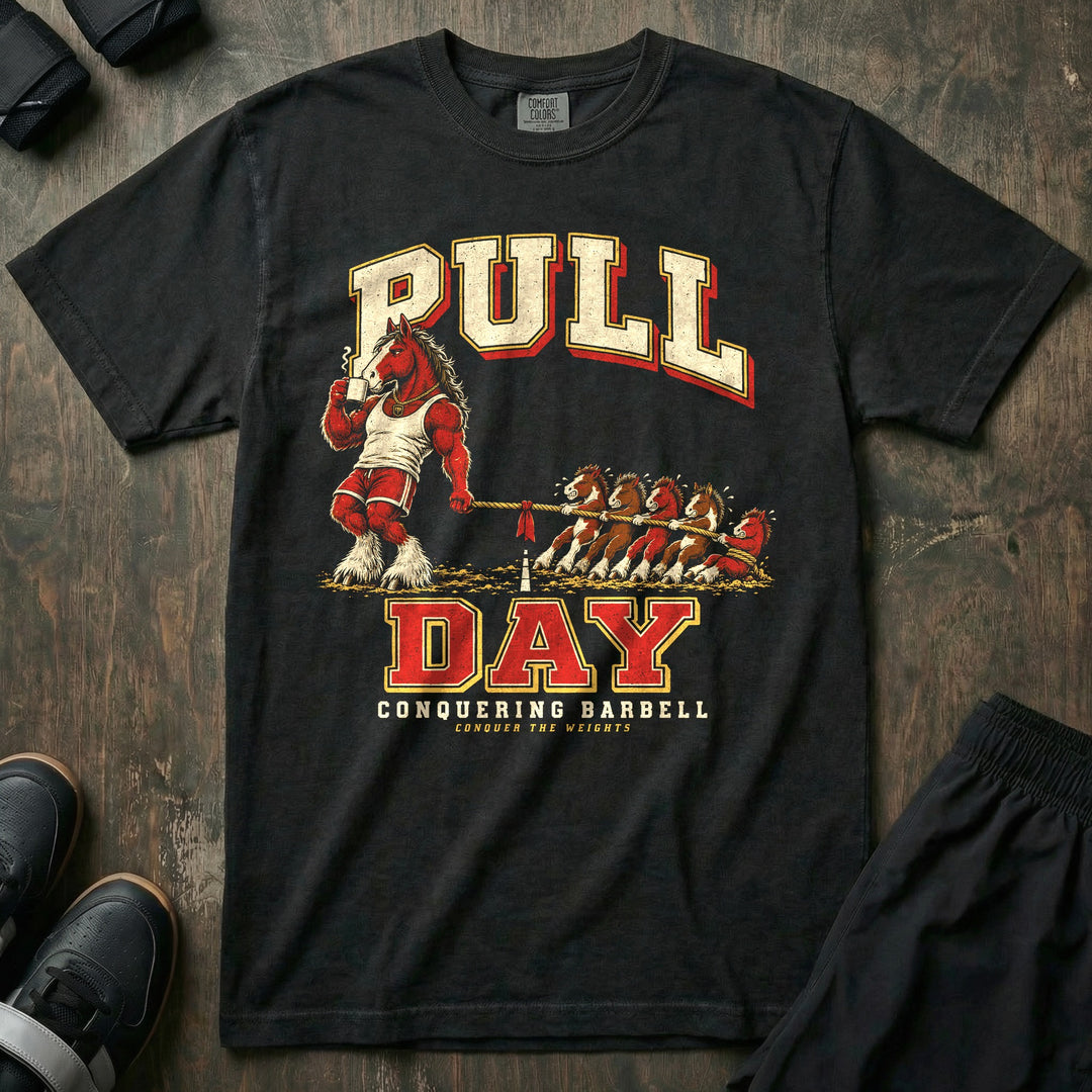 Pull Day - Relaxed Fit Tee front graphic in Black with a draft horse dad drinking coffee while holding a tug of war rope against five straining foals - Conquering Barbell