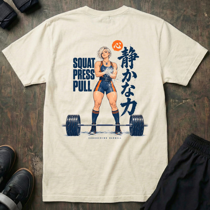 Quiet Power relaxed fit tee in Ivory: an anime lifter chalking up behind a loaded deadlift bar with SQUAT PRESS PULL