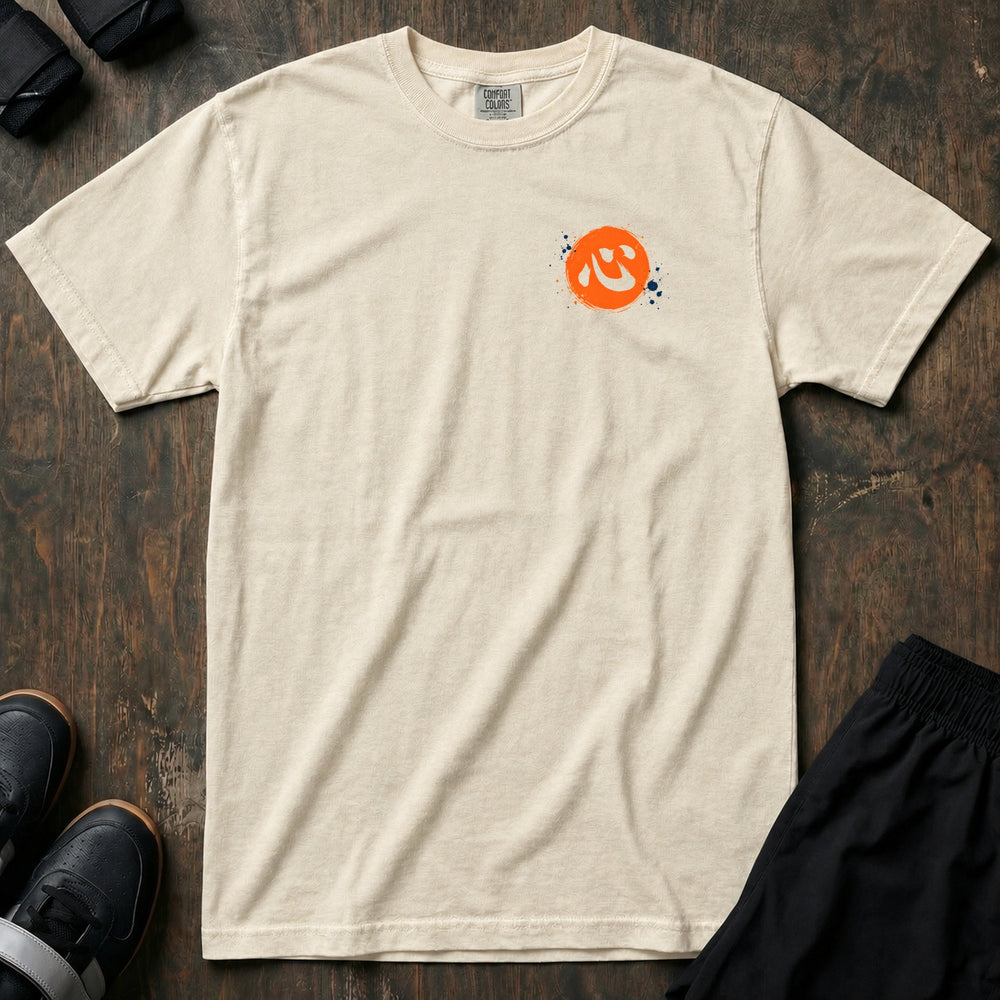 Quiet Power relaxed fit tee in Ivory, left chest: orange brush circle with the kanji for heart