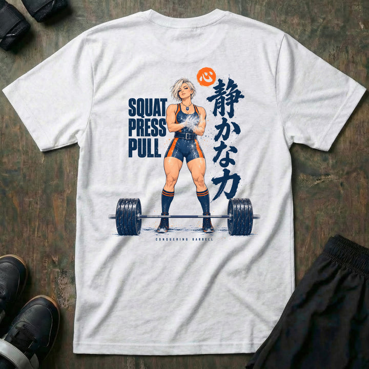 Quiet Power tee in White: an anime lifter chalking up behind a loaded deadlift bar with SQUAT PRESS PULL
