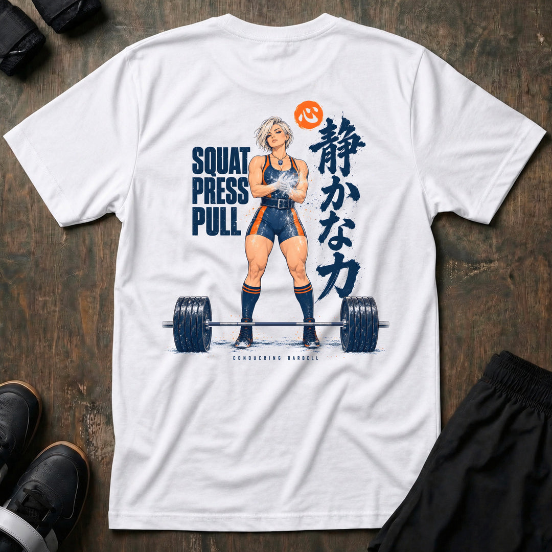 Quiet Power tee in White: an anime lifter chalking up behind a loaded deadlift bar with SQUAT PRESS PULL