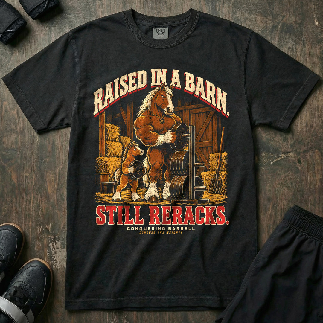 Raised in a Barn. Still Reracks - Relaxed Fit Tee front graphic in Black with a Clydesdale horse dad putting a weight plate on a rack in a barn while a foal carries another plate - Conquering Barbell