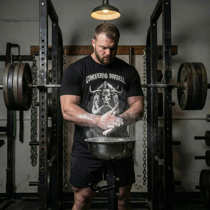 Raw Power Bull tee in Black: a raging bull blasting through a cloud of chalk dust with smoke pouring from its nostrils