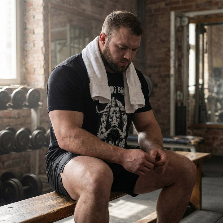 Raw Power Bull tee in Black: a raging bull blasting through a cloud of chalk dust with smoke pouring from its nostrils