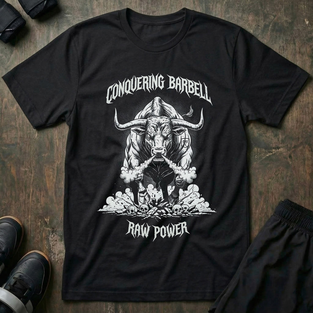 Raw Power Bull tee in Black: a raging bull blasting through a cloud of chalk dust with smoke pouring from its nostrils