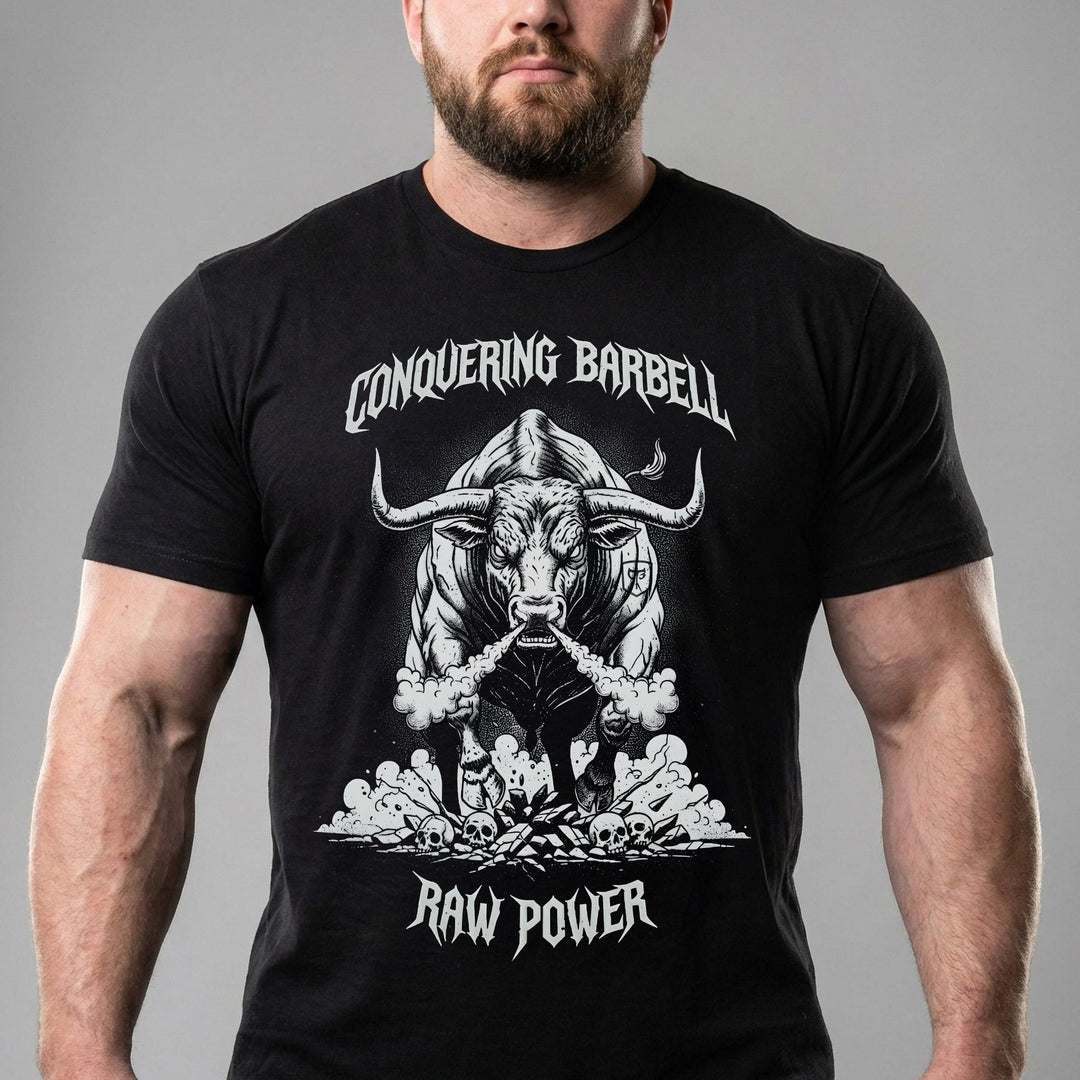Raw Power Bull tee in Black: a raging bull blasting through a cloud of chalk dust with smoke pouring from its nostrils