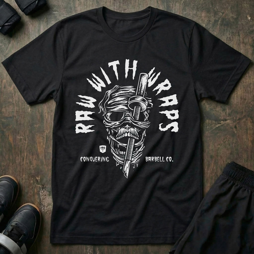 Raw with Wraps - on Black Tee - Conquering Barbell