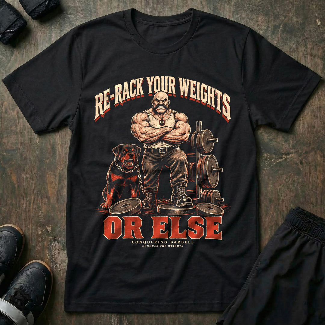 Re-Rack Your Weights or Else - Tee front graphic in Black with a mustached gym owner with arms crossed and a snarling Rottweiler beside a plate tree - Conquering Barbell