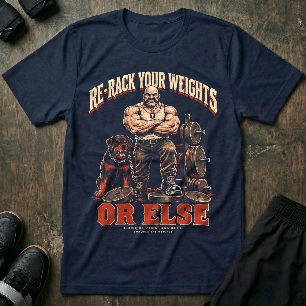 Re-Rack Your Weights or Else - Tee front graphic in Navy with a mustached gym owner with arms crossed and a snarling Rottweiler beside a plate tree - Conquering Barbell
