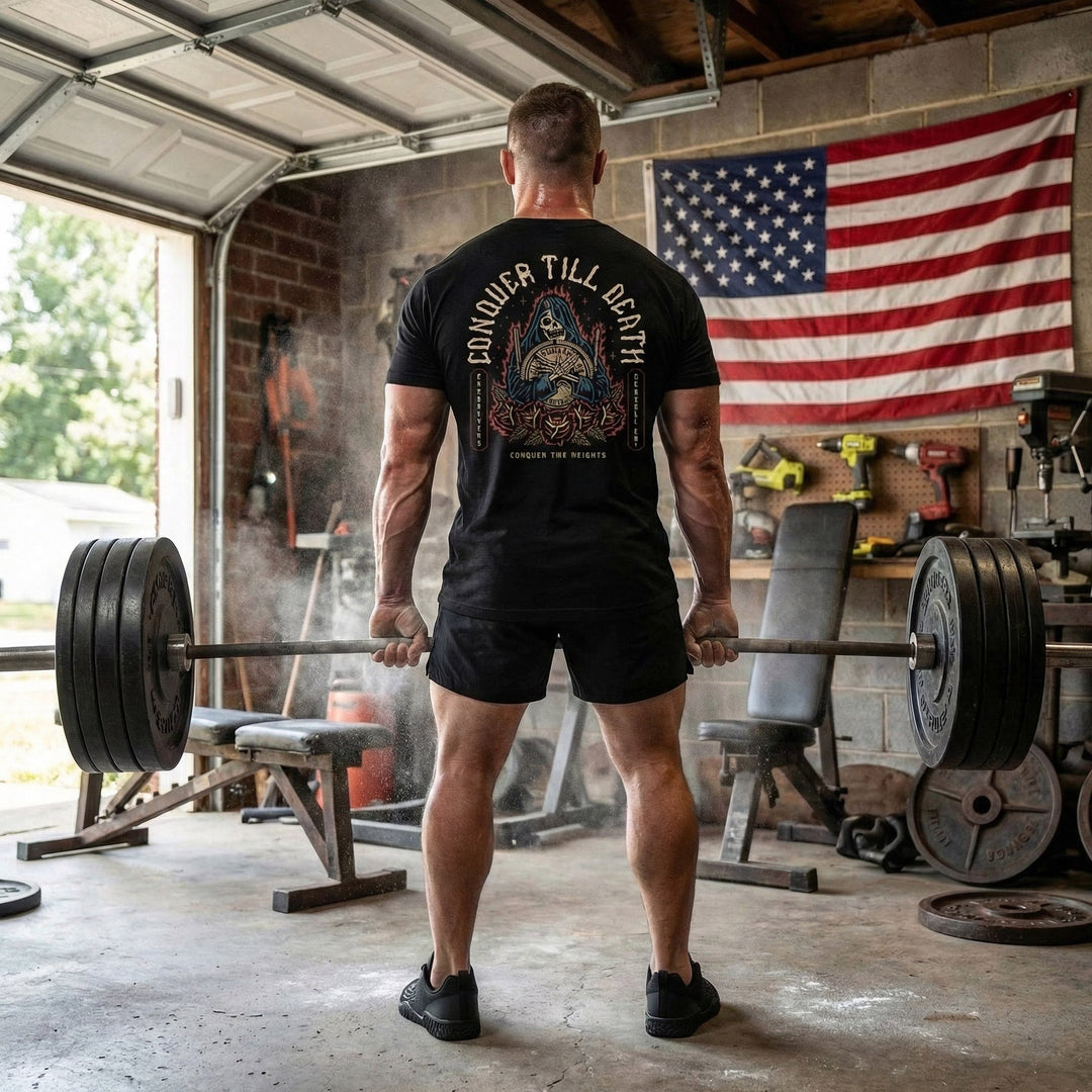 Reaper Rose tee in Black: a hooded reaper clutching a loaded barbell plate against a backdrop of flames