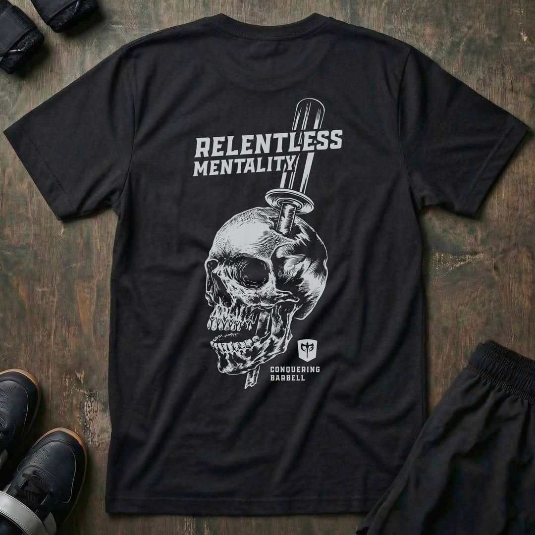 Relentless Mentality Skull tee in Black: a skull run through with a barbell