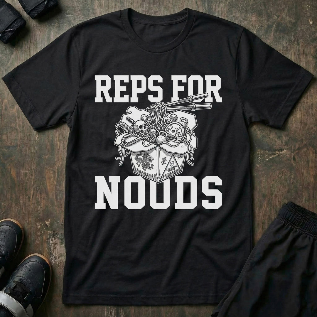 Reps for Noods tee in Black: an overflowing takeout box of ramen with chopsticks and a skull peeking out of the noodles