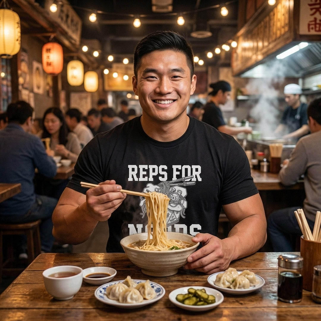 Reps for Noods tee: an overflowing takeout box of ramen with chopsticks and a skull peeking out of the noodles