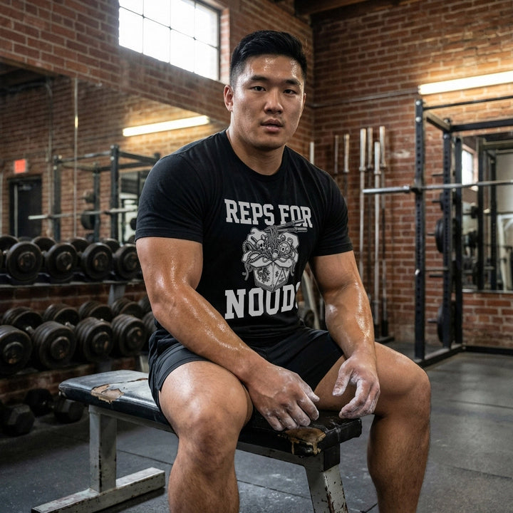Reps for Noods tee: an overflowing takeout box of ramen with chopsticks and a skull peeking out of the noodles