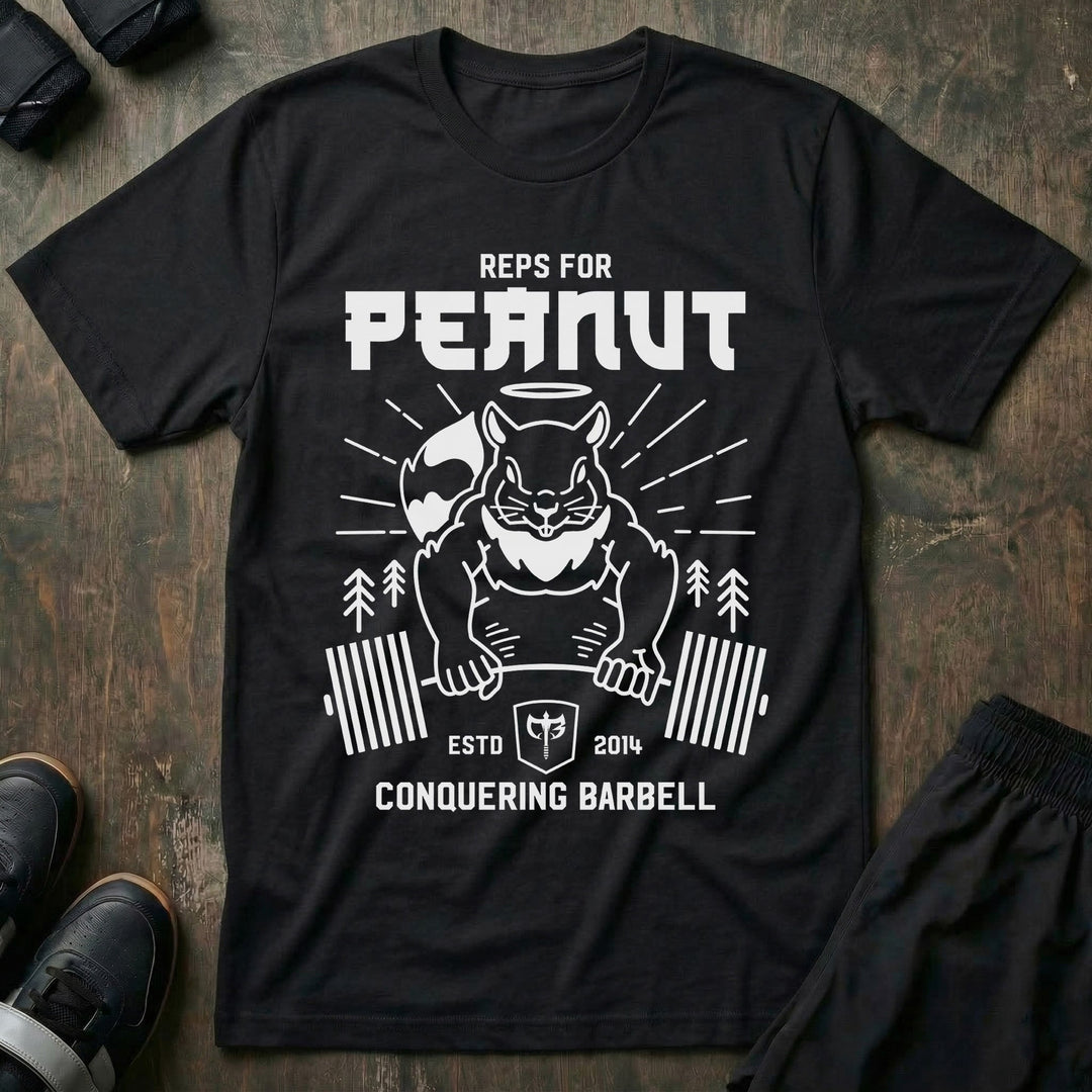 Reps for Peanut tee in Black: a haloed squirrel pulling a loaded barbell between pine trees
