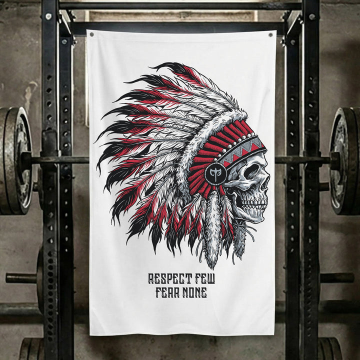 Respect Few, Fear None - Polyester Flag, vertical white gym flag with skull in a red and black feathered war bonnet - Conquering Barbell