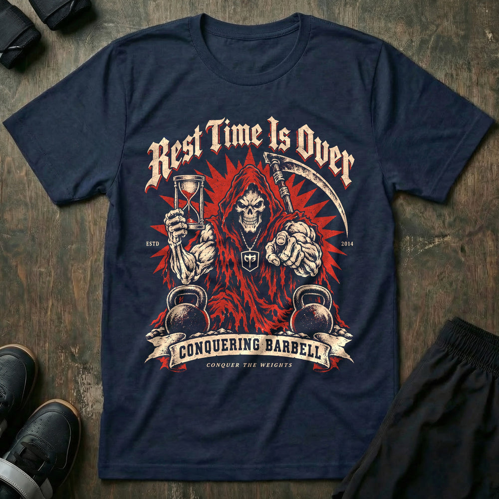 Rest Time Is Over - Tee front graphic in Navy with a red-hooded reaper holding an hourglass and pointing at the viewer - Conquering Barbell