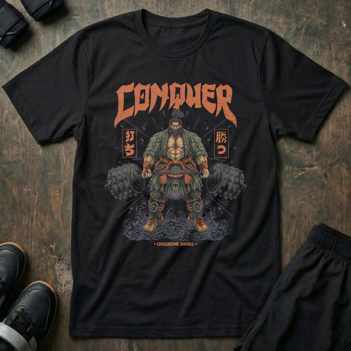 Ronin Deadlift V3 - Powerlifting on Black Tee - Conquering Barbell