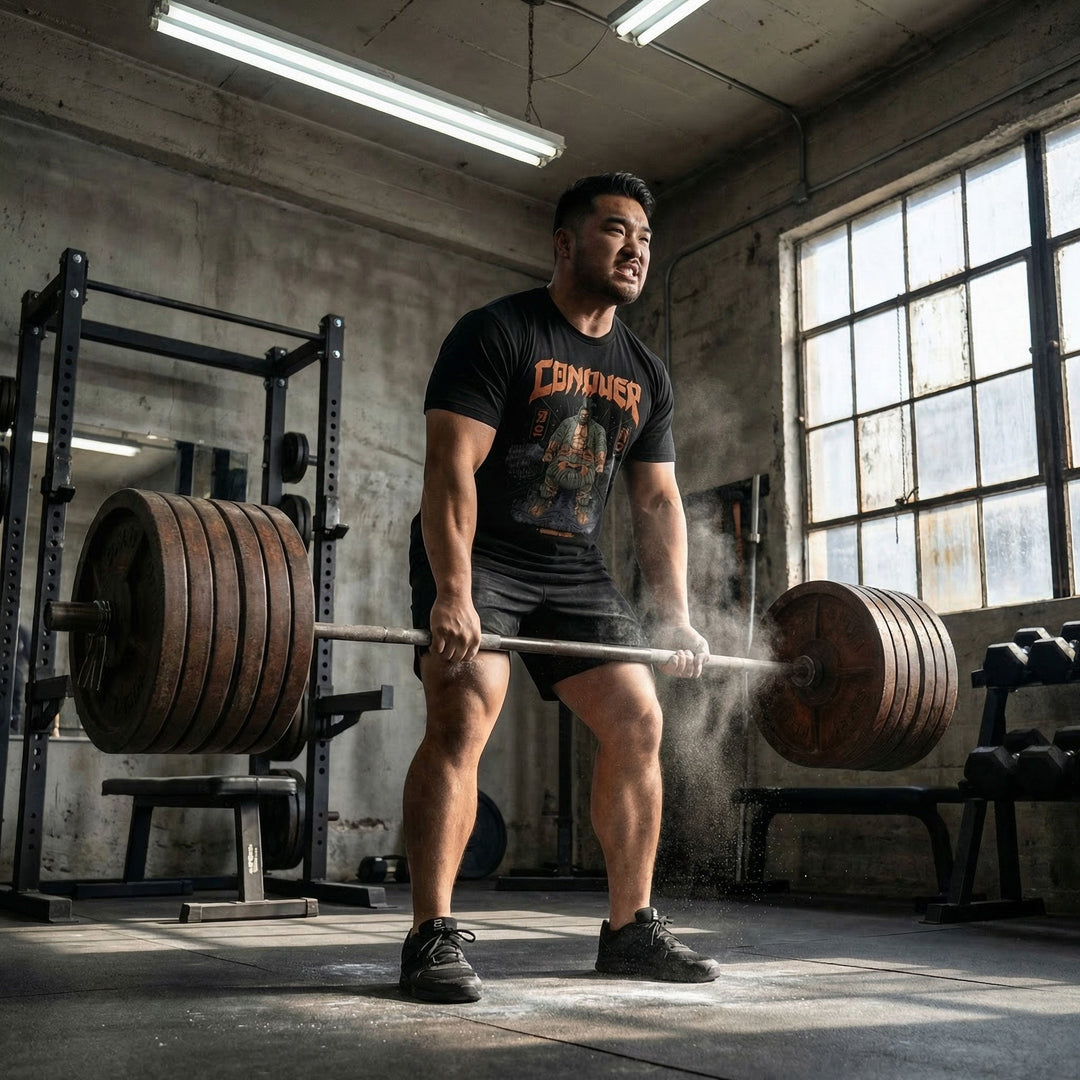 Ronin Deadlift V3 - Powerlifting on Black Tee - Conquering Barbell