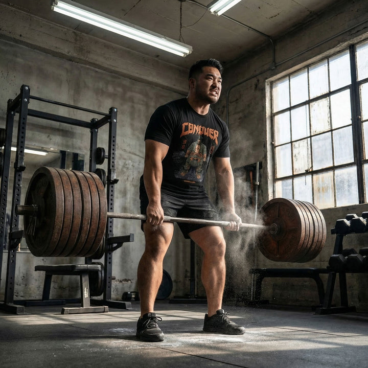 Ronin Deadlift V3 - Powerlifting on Black Tee - Conquering Barbell