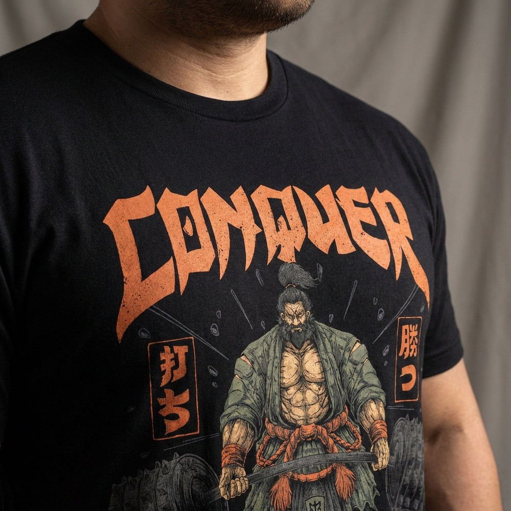 Ronin Deadlift V3 - Powerlifting on Black Tee - Conquering Barbell