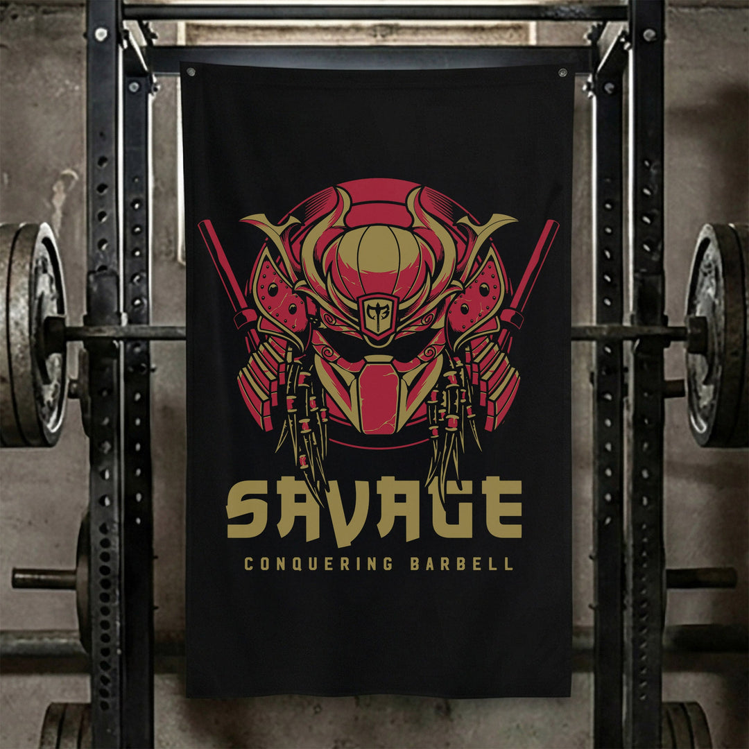 Apex Ronin - Polyester Flag, vertical black gym flag with samurai war mask fused with a tusked hunter's face - Conquering Barbell