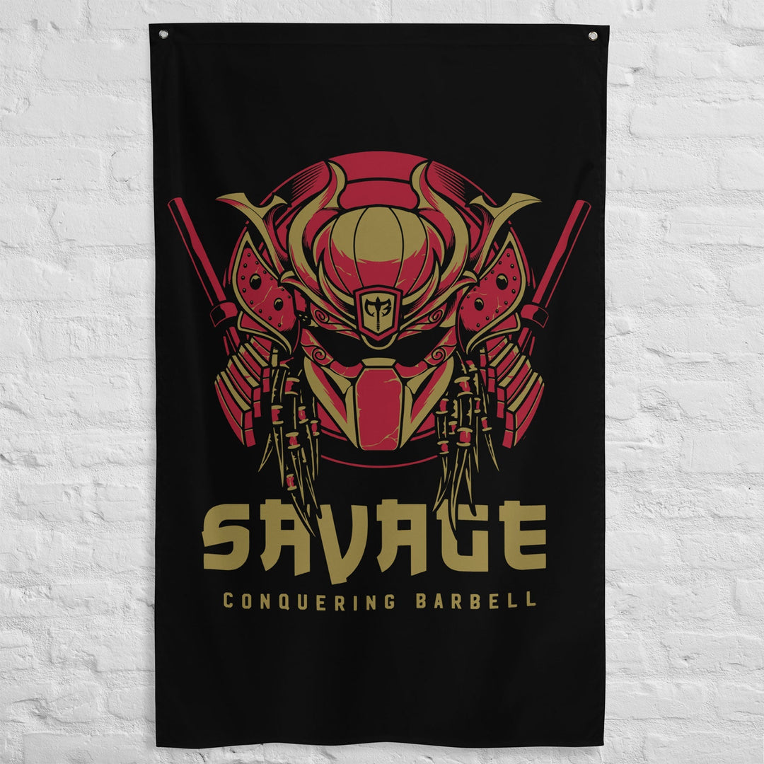 Apex Ronin - Polyester Flag, vertical gym flag hanging in a home gym - Conquering Barbell