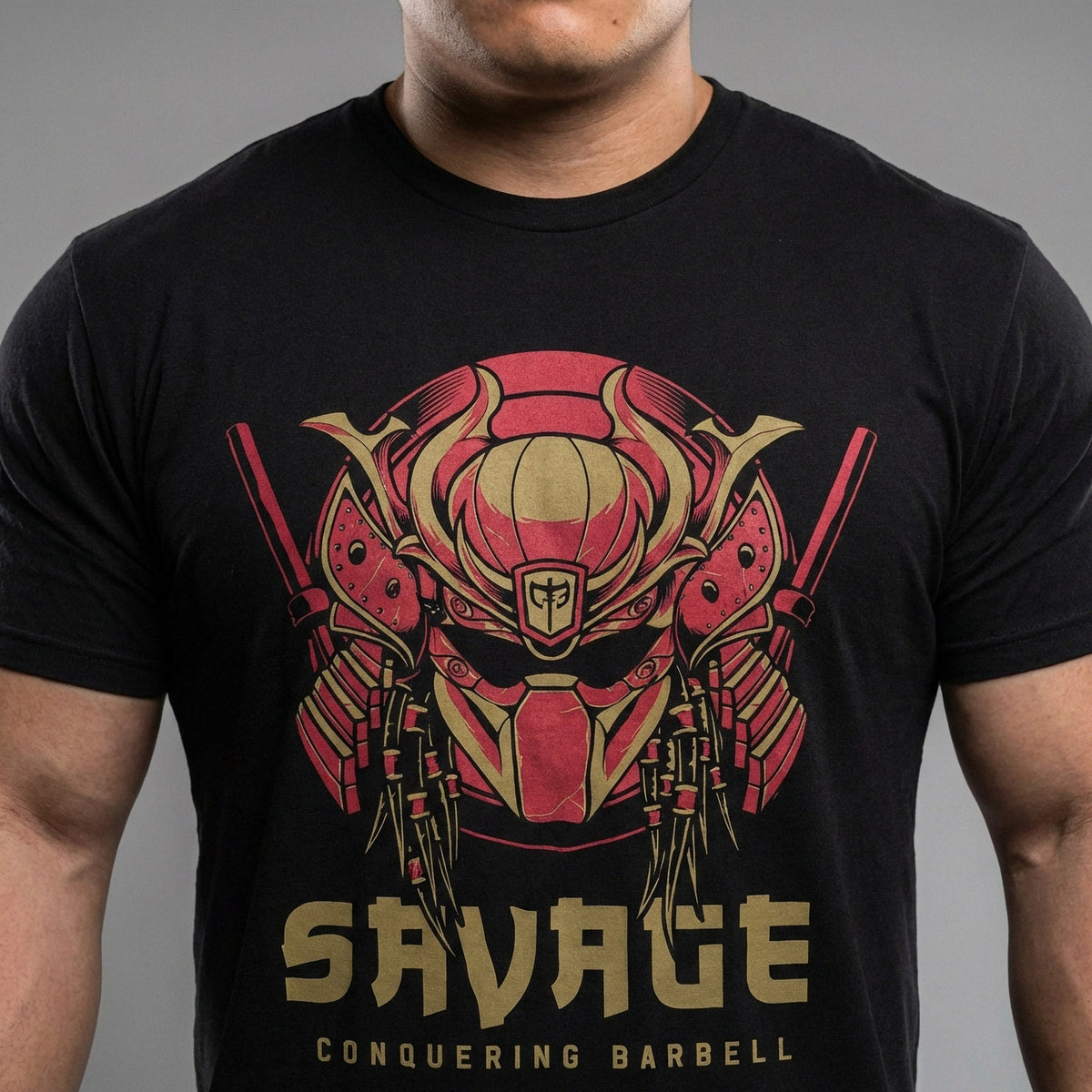 Apex Ronin tee in Black: a samurai war mask fused with a tusked hunter's face in red and gold