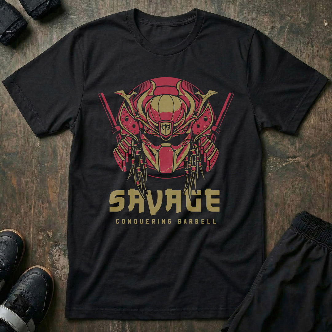 Apex Ronin tee in Black: a samurai war mask fused with a tusked hunter's face in red and gold