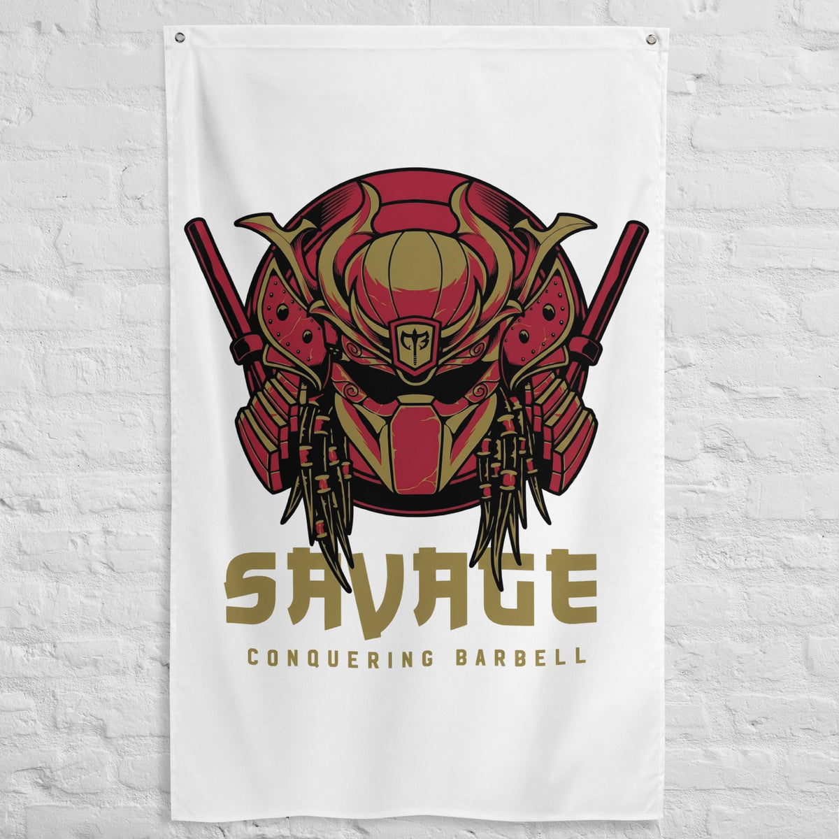 Apex Ronin - White - Polyester Flag, vertical gym flag hanging in a home gym - Conquering Barbell