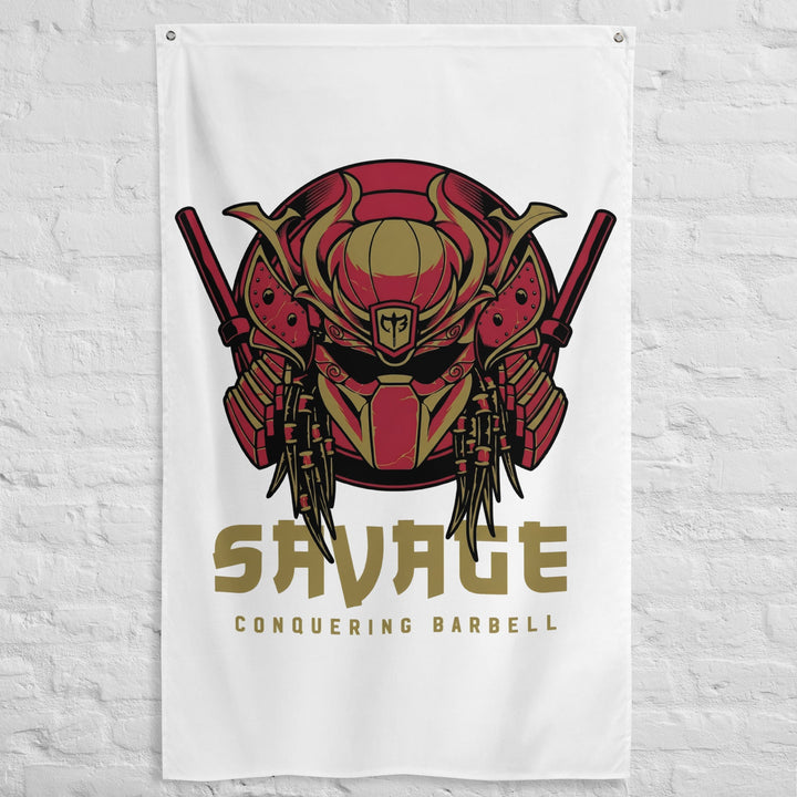 Apex Ronin - White - Polyester Flag, vertical gym flag hanging in a home gym - Conquering Barbell