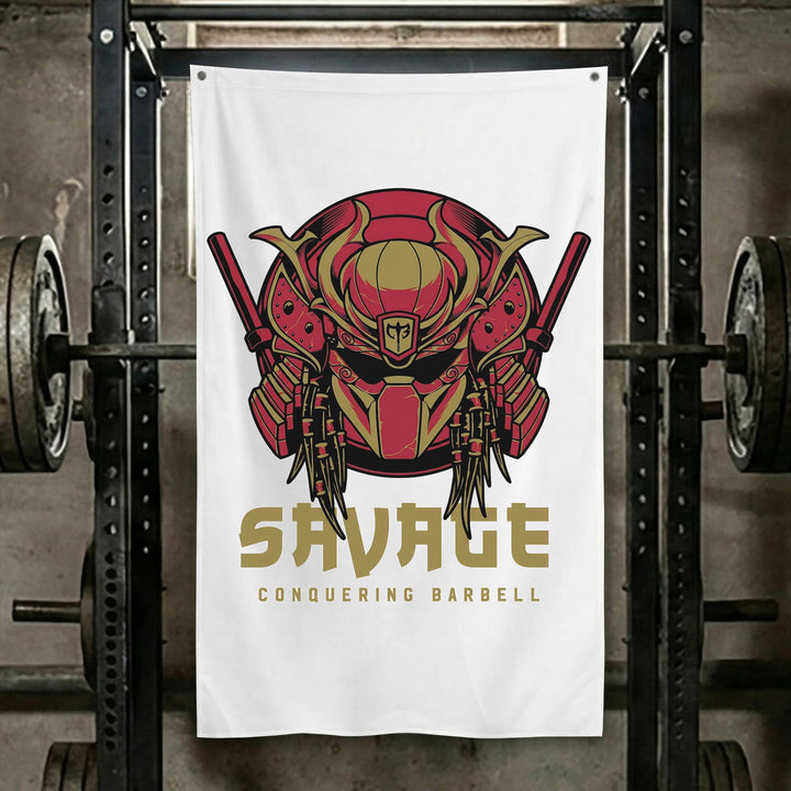 Apex Ronin - White - Polyester Flag, vertical white gym flag with samurai war mask fused with a tusked hunter&