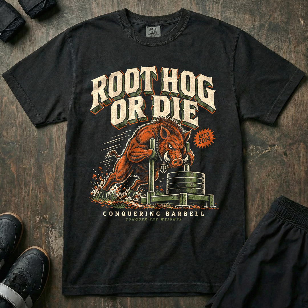 Root Hog or Die - Relaxed Fit Tee front graphic in Black with a wild boar pushing a prowler sled loaded with weight plates - Conquering Barbell