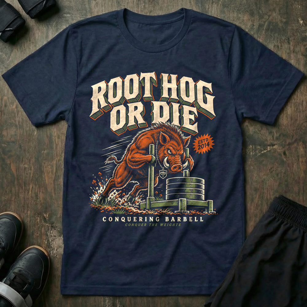 Root Hog or Die - Tee front graphic in Navy with a wild boar pushing a prowler sled loaded with weight plates - Conquering Barbell