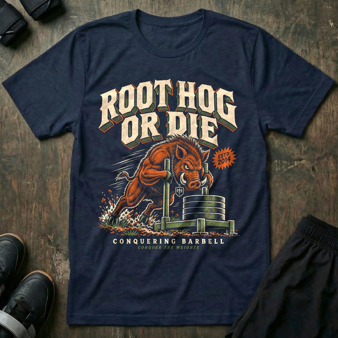 Root Hog or Die - Tee front graphic in Navy with a wild boar pushing a prowler sled loaded with weight plates - Conquering Barbell
