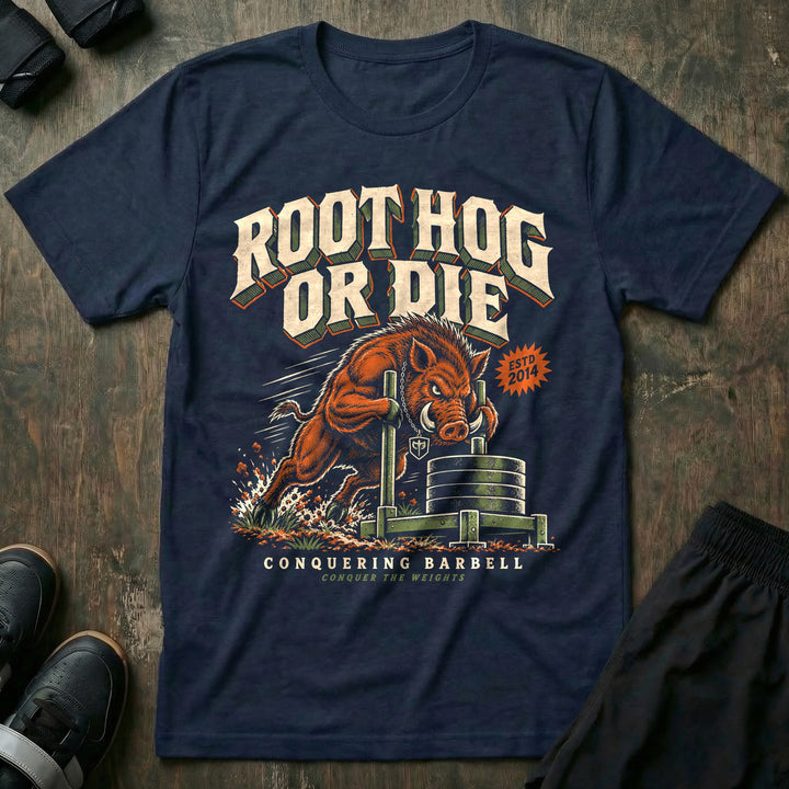 Root Hog or Die - Tee front graphic in Navy with a wild boar pushing a prowler sled loaded with weight plates - Conquering Barbell