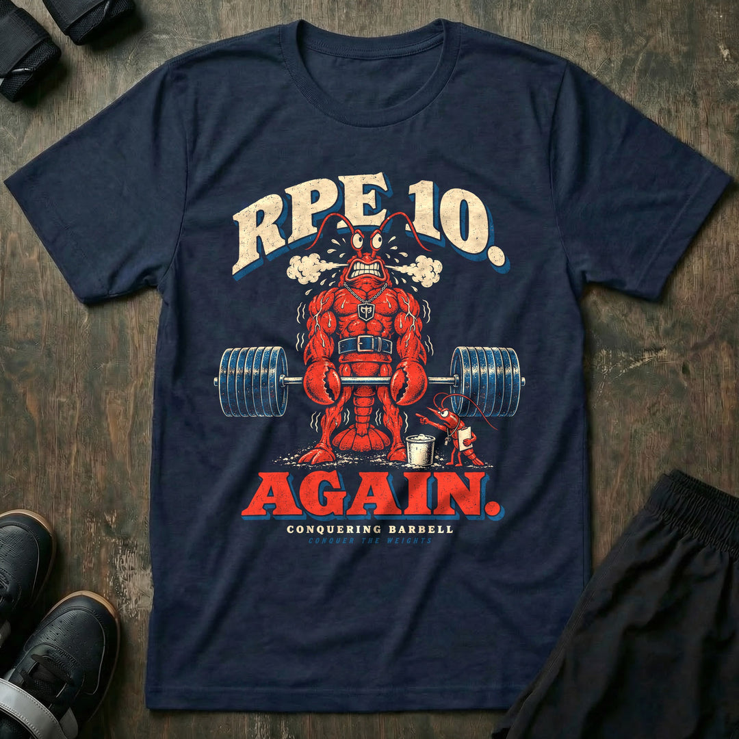 RPE 10 Again - Tee front graphic in Navy with a steaming red lobster at deadlift lockout while a shrimp coach points at a clipboard - Conquering Barbell