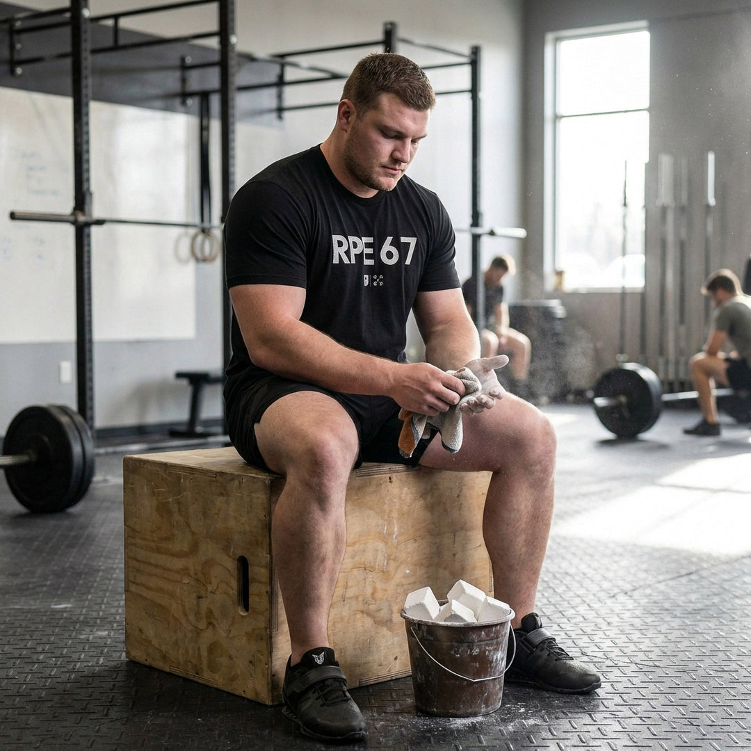 RPE 6 7 tee in Black: RPE 67 in bold distressed block letters with small CB marks below